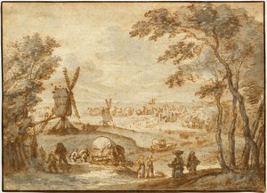 Landscape with Windmills Before a Town, with Walkers and Covered Wagon in the Foreground by Gillis Neyts