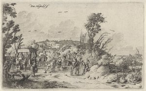 Carriage and Riders on a Country Road, Smell, Landscapes with the Five Senses (series title) by Gillis van Scheyndel (I)
