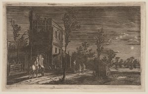 Figures by a Dilapidated Tower: Moonlit Nocturne, from Six Landscapes by Gillis van Scheyndel