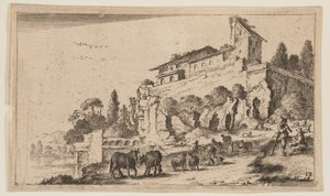 Villa Incorporating Ruins on a Rise to Right of River, from Twelve Landscapes by Gillis van Scheyndel