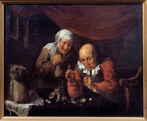 The greedy couple of old men weighing their possessions