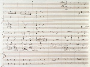 Page of musical score of Le Comte Ory with handwritten corrections by Gioacchino Rossini