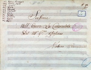 Title page of musical score of violin for symphony in Cinderella, or Goodness Triumphant by Gioacchino Rossini