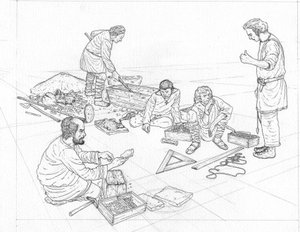 Middle Ages: craftsmen working in the construction sites of Byzantine churches in Ravenna, 6th century.