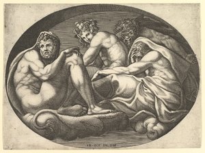 Hercules, Bacchus, Pan, and Saturn, from a series of eight compositions after Francesco P... by Giorgio Ghisi