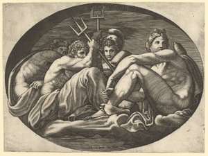 Pluto, Neptune, Minerva and Apollo, from a Series of Eight Compositions After Francesco P..., 1560s by Giorgio Ghisi