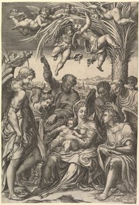 Rest on the Flight into Egypt, the Holy Family under a Palm Tree Surrounded by Angels by Giorgio Ghisi