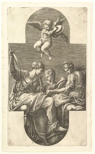Three Muses and a Putto with Cymbals, a Cruciform Composition, from a Series of Eight... by Giorgio Ghisi