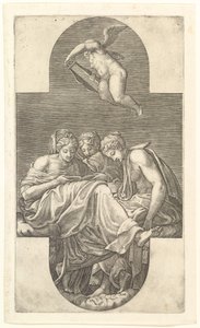 Three Muses and a Putto with a Lyre, a cruciform composition, from a series of eight compositions... by Giorgio Ghisi