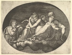 Venus and Cupid, Two Other Goddesses, and a Putto, from a Series of Eight Compositions, 1560s by Giorgio Ghisi