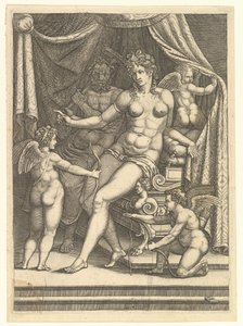 Venus and Vulcan Seated on a Bed and Three Putti by Giorgio Ghisi