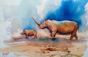 Mother Rhino And Calf by Giorgio Gosti