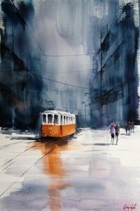 Orange Tram City Rain by Giorgio Gosti