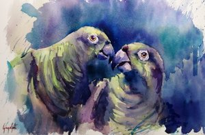 Watercolor Green Parrots by Giorgio Gosti