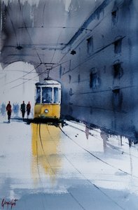 Yellow Tram City Rain by Giorgio Gosti