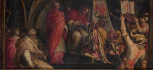 Pope Clement IV hands his insignia to the captains of the Guelph Party