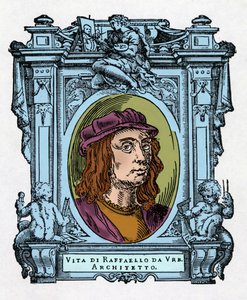 Portrait of Raphael (Raffaello Sanzio 1483 - 1520) Italian architect and painter. Engraving of the treat “Lives of the most excellent painters, sculptors and architects” (Le Vite de