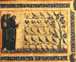Stories of St Francis: St Francis Preaching to Birds, fresco by Giotto, ca 1325. Bardi Chapel of Vernio, Basilica of Santa Croce, Florence, Italy