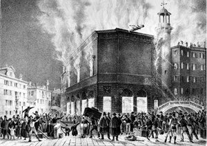 The fire of the theatre of La Fenice in Venice, in 1836. Engraving by Giovanni Pividor. Milan, Conservatory G. Verdi