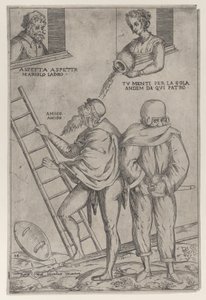A Man Climbs a Ladder While a Woman Throws Water on Him from Above