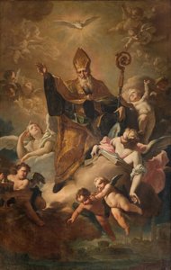 South transept, Altar of San Benedetto, Saint Benedict in Gloria while blessing the city, Altarpiece by Giovanni Angelo Borroni, 1744 by Giovanni Angelo Borroni