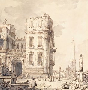 A capriccio of a Venetian Palace Overlooking a Piazza with an Obelisk by Giovanni Antonio Canal