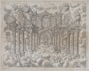 Plate 2 [Counterproof]: Stage Set with Allegorical Figures Seated Among the Clouds