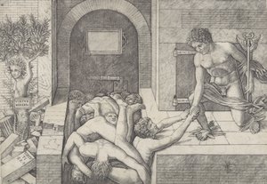 Ignorance and Mercury an allegory of Virtue and Vice, Mercury kneeling at right, ca. 1490-1525