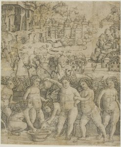Seven Cupids with Two Rams in a Landscape by Giovanni Antonio da Brescia