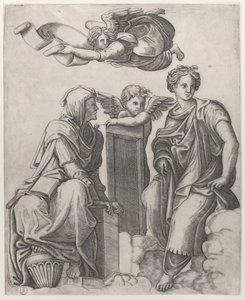 Two Female Figures Seated in the Clouds Flanking an Angel and Another Flying Above by Giovanni Antonio da Brescia