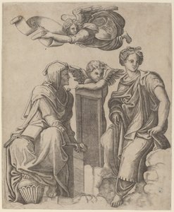 Two Sibyls and an Angel by Giovanni Antonio da Brescia after Raphael