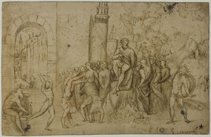 Acrobats Performing Before a Ruler; Outdoor Scene with Group of Figures by Giovanni Antonio da Pordenone