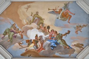 Triumph of Glory announced by Fame standing among the Cardinal Virtues