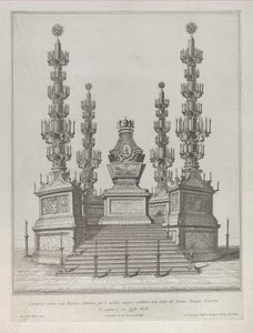 Catafalque for Pope Clement X: a central structure raised on a 15 stepped platform by Giovanni Battista Falda