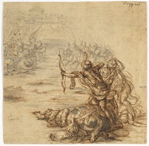 A battle scene outside a walled city, 17th century