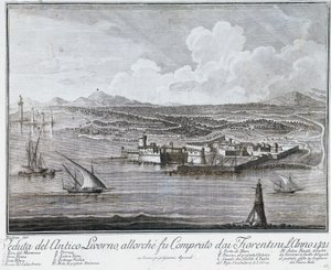 View of Livorno port when it was purchased by Florentines in 1421, engraving from Collection of best views of City and Port of Livorno by Giovanni Battista Guerazzi