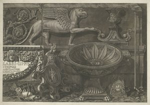 Title Page with Sculptures, Carved Reliefs, and a Sarcophagus with Title (Right Part) (Vases, Candelabras, Tombstones, Sarcophagi, Tripods, Lamps, and Ornaments Designed and Engraved by Giovanni Battista Piranesi series) by Giovanni Battista Piranesi