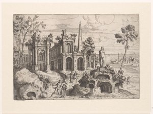 Landscape with Ancient Ruins, Sculpture, and Obelisk (Landscapes with Ruins) by Giovanni Battista Pittoni (I)