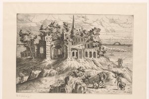 Landscape with Ruins by the Water and a Rising or Setting Sun by Giovanni Battista Pittoni (I)