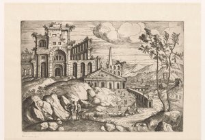 Landscape with Ruins and Fantasy Architecture by Flowing Water with Waterfall by Giovanni Battista Pittoni (I)