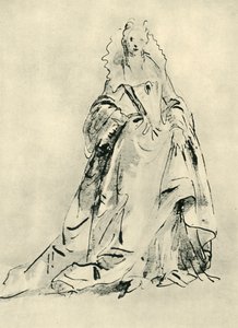A lady wearing a gown with high collar and pointed bodice