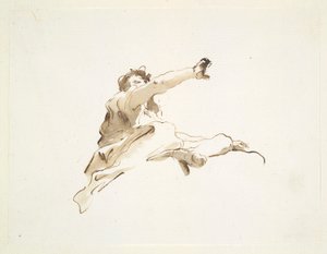 Seated Figure with Head Turned to the Left and Right Arm Raised, Seen from Below