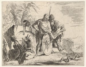 Three figures and a snake coiled around a staff, surrounded by a landscape