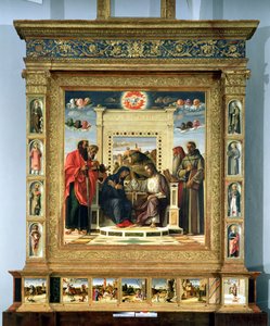 Coronation of the Virgin with SS. Paul, Peter, Jerome and Francis of Assisi with scenes from the lives of the saints in the predella panel, known as the Pala di Pesaro altarpiece by Giovanni Bellini