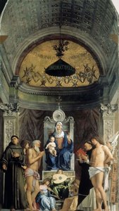 Madonna and Child, Musical Angels and the Saints Francis, John the Baptist, Job, Dominic..., ca. 1487