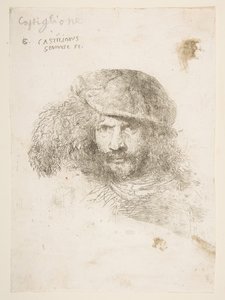Head of a man wearing a feathered cap possibly Bernini, possibly a self portrait, ca. 1645-1650 by Giovanni Benedetto Castiglione