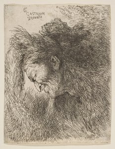 Head of an old man looking down, facing Left, from the series of Small Heads, ca. 1645-1650