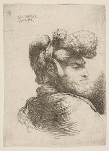 Man in profile facing right, wearing a fur hat, from series of Small Heads, ca. 1645-1650 by Giovanni Benedetto Castiglione
