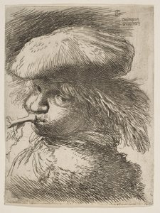 Young man with a trumpet facing left, from the series of Small Heads in Oriental... by Giovanni Benedetto Castiglione