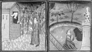 Decameron, Widow Elena locks Rinieri out of the house; the man leaves the woman naked at the top of a tower. Eighth day, story 7